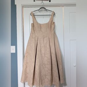 Azazie Champagne Floral Midi Bridesmaid Dress Size A18 W/ Pockets